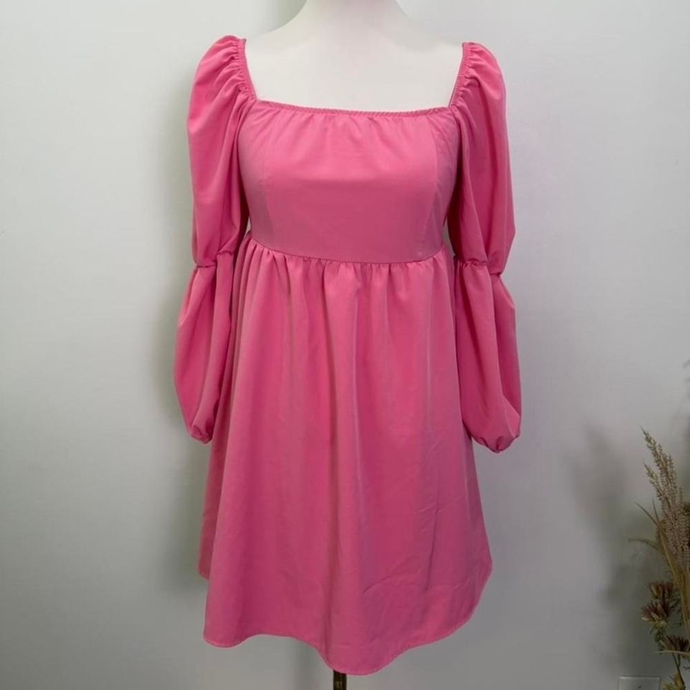 Exlura Size M Pink Long Puff Sleeve Smocked Mini Dress